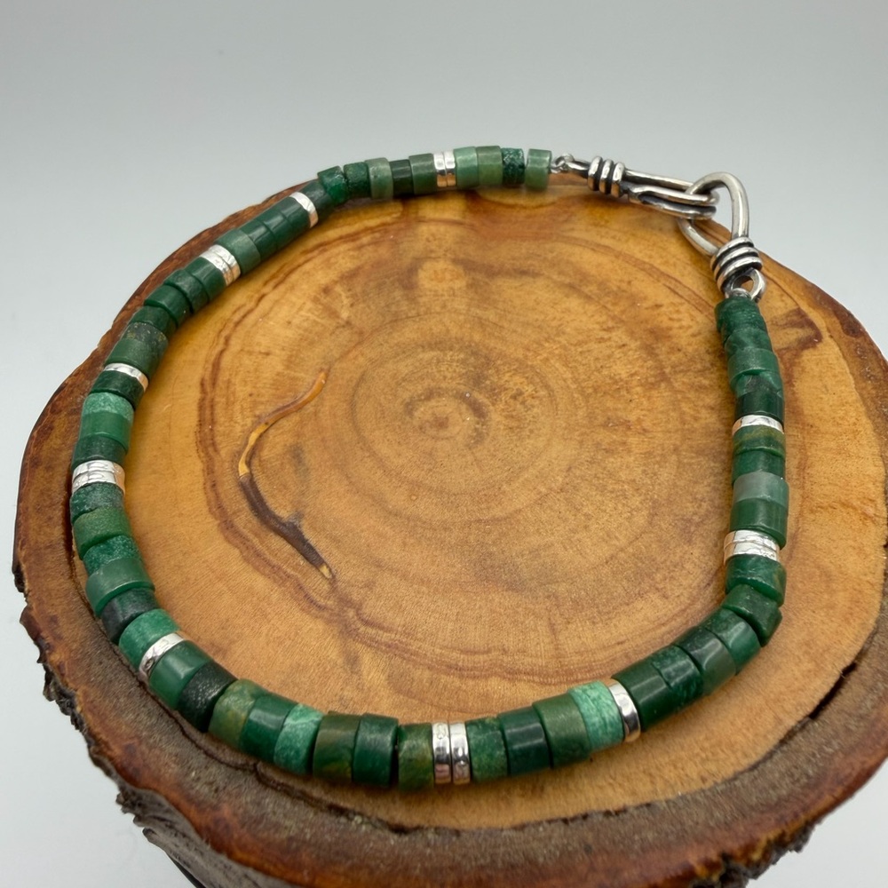 4mm African Jade Heishi Beaded Bracelet with Sterling Silver Beads and Clasp
